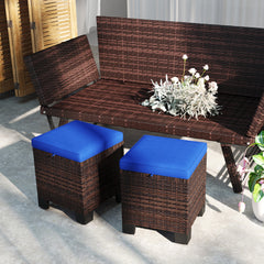 2 Piece Wicker Outdoor Ottomans with Cushions, Rattan Ottoman Footrest and Side Table for Patio, Yard, Poolside, Dark Blue