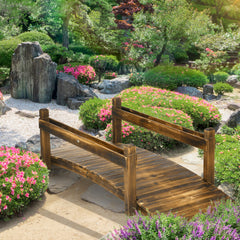 7.5' Wooden Garden Bridge with Planters, Stained Finish Arc Footbridge with Safety Railings for Backyard, Pond Stream, Stained Wood