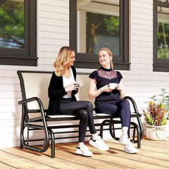 2-Person Outdoor Glider Bench, Patio Double Swing Rocking Chair Loveseat w/Powder Coated Steel Frame for Backyard Garden Porch, Beige