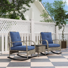 3 Piece Wicker Patio Furniture Set, Outdoor PE Rattan Rocking Chairs with Coffee Table, Cushions for Porch, Gray
