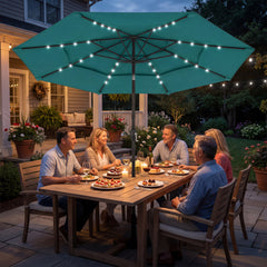 9.7 ft Outdoor Patio Umbrella with Solar LED Lights, 3 Tier Outdoor Table Umbrella with Tilt, Crank, Teal