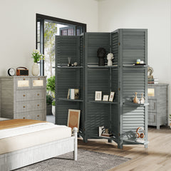 5 Panel 67" Tall Wood Privacy Screen Room Divider with 3 Shelves and Folding Storage for Bedroom, Gray