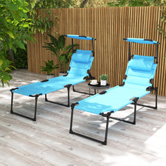 2 Pcs Outdoor Lounge Chair, 4 Position Adjustable Backrest, Folding, Cushioned w/ Sun Shade Roof & Pillow, Blue