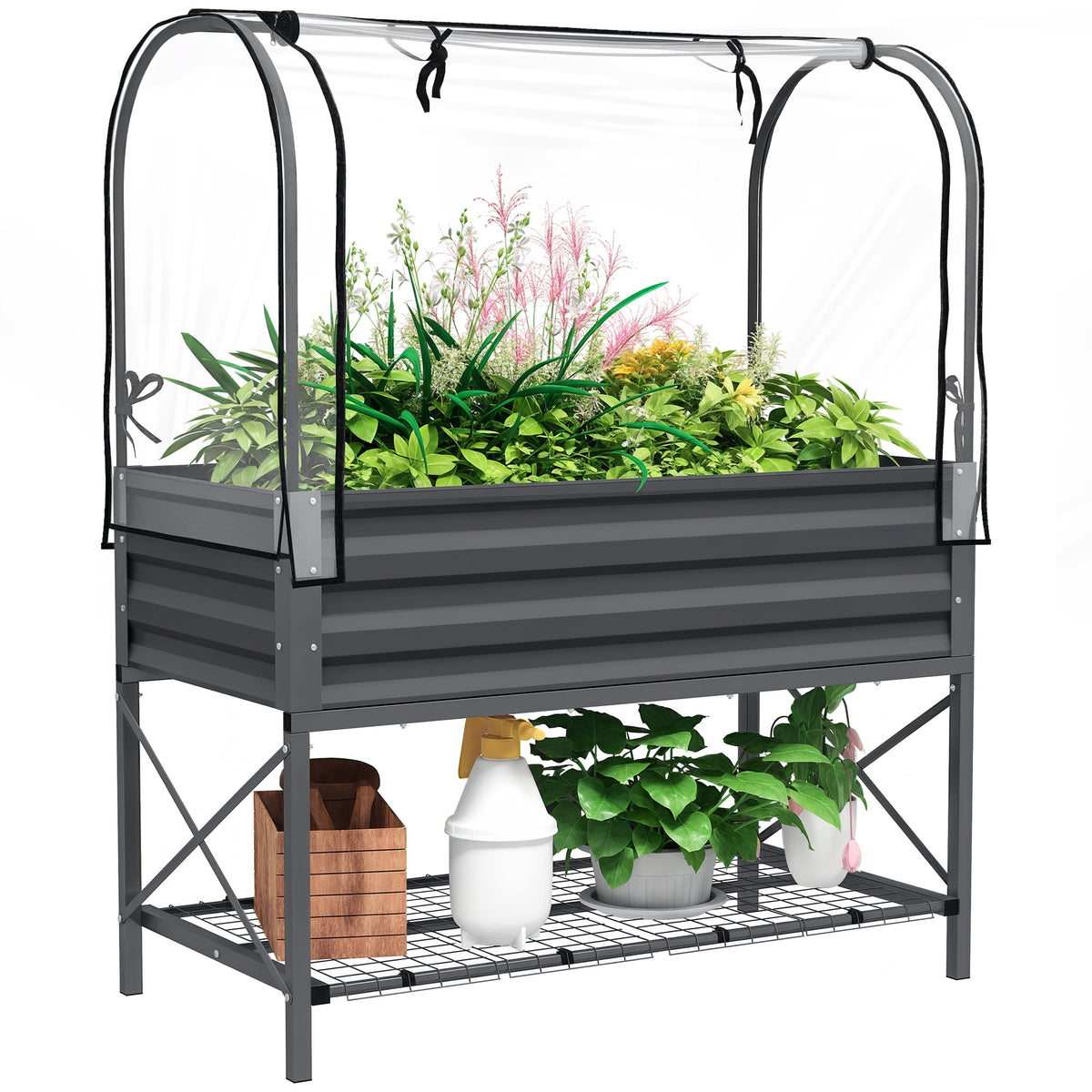 Raised Garden Bed with Legs and Cover, Metal Elevated Planter Box with Bottom Shelf and Liner for Vegetables, Dark Gray