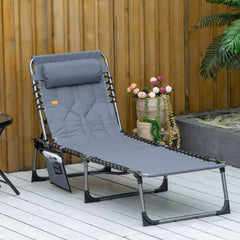 Padded Folding Chaise Lounge Chair, Outdoor 6-Level Reclining Camping Tanning Chair with Headrest for Beach, Yard, Patio, Pool, Gray