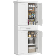 Modern Kitchen Pantry Freestanding Cabinet Cupboard with Doors and Drawer, Adjustable Shelving, White