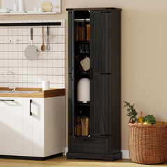 71" Pantry Cabinet, Kitchen Storage Cabinet with Adjustable Shelves, Barn Doors and Drawer for Dining Room, Black
