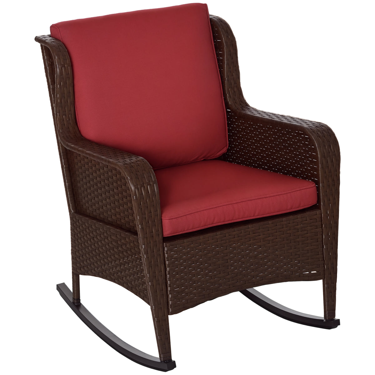 Outdoor Wicker Rocking Chair, Rattan Rocker with Cushions, Steel Frame for Patio, Garden, Backyard, Wine Red