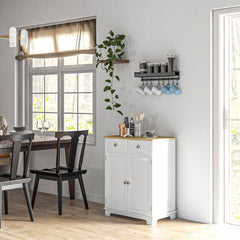 Kitchen Storage Cabinet, Sideboard Floor Cupboard with Solid Wood Top, Adjustable Shelf, and 2 Drawers, Distressed White