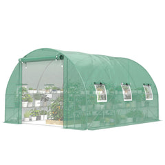 10'x11'x6' Walk-in Tunnel Greenhouse with Shelves, Mesh Door and Windows, Hoop House Greenhouse with PE Cover, Green