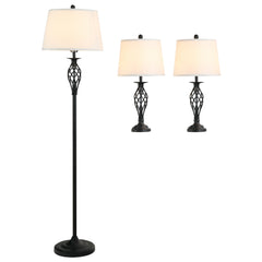 3 Piece Table Floor Lamp Set with Metal Pole, Round Base, and Fabric Lampshade, for Living Room, Black/White
