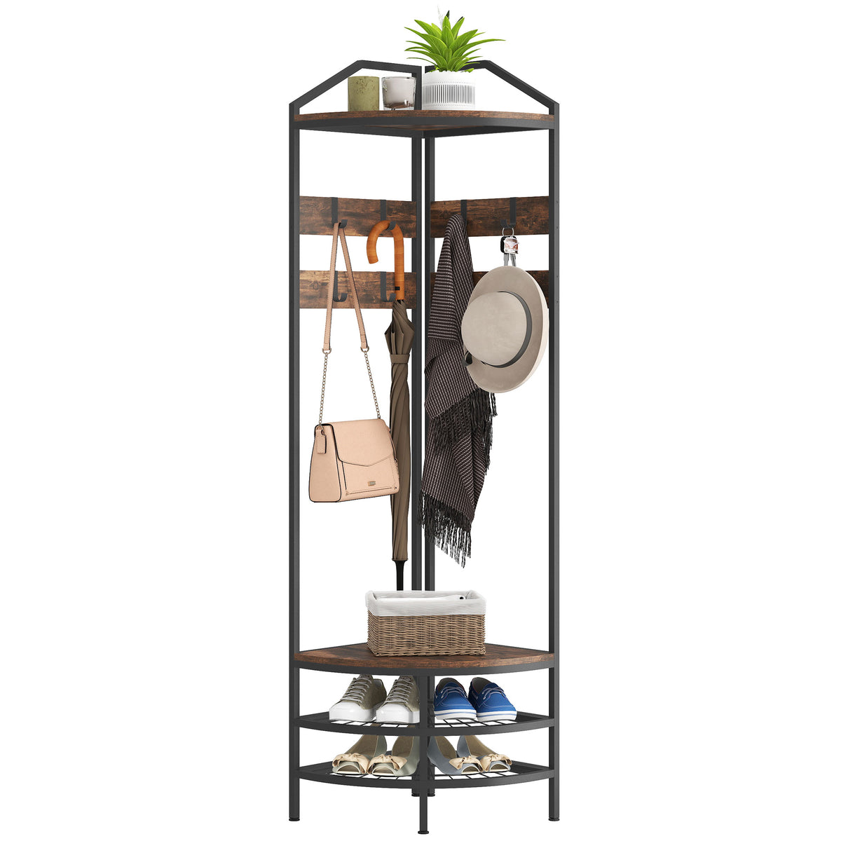Corner Hall Tree, Industrial 4-Tier Coat Rack with Shoe Storage, 8 Movable Hooks and 2 Shelves for Hallway, Rustic Brown
