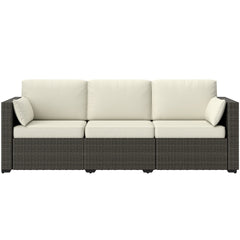 Patio Couch PE Wicker Deep Seating Outdoor Sofa with Removable Cushions, 3 Seater Rattan Sofa, Outdoor Furniture for Balcony, Deck, Garden and Poolside, Cream White