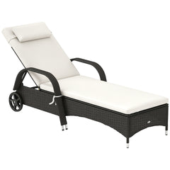 Outdoor Chaise Lounge, 5-Level Adjustable Backrest Rattan Pool Lounge Chair with Wheels, Cushion & Headrest, Cream