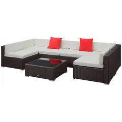 7 Piece Outdoor Patio Sofa Set with Cushions, All Weather PE Rattan Sectional Sofa, Glass Top Coffee Table, Cream White