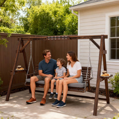 3 Seat Wooden Porch Swing with Stand, Patio Swing with Cushion, for Garden, Poolside, Backyard, Carbonized Brown