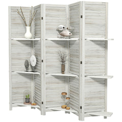 5 Panel 67" Tall Wood Privacy Screen Room Divider with 3 Shelves and Folding Storage for Bedroom, Distressed White