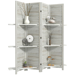 4 Panel 67" Tall Wood Privacy Screen Room Divider with 3 Shelves and Folding Storage for Bedroom, Distressed White