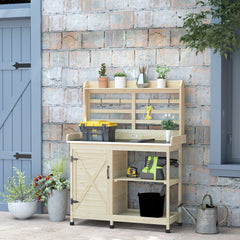 Wooden Potting Bench with Storage, Sink, Water Tap for Backyard, Patio, Balcony, Natural