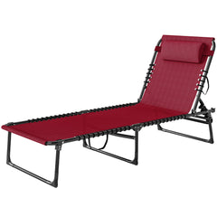 Folding Chaise Lounge Pool Chair with 4-Position Reclining Back, Pillow, Breathable Mesh & Bungee Seat, Wine Red