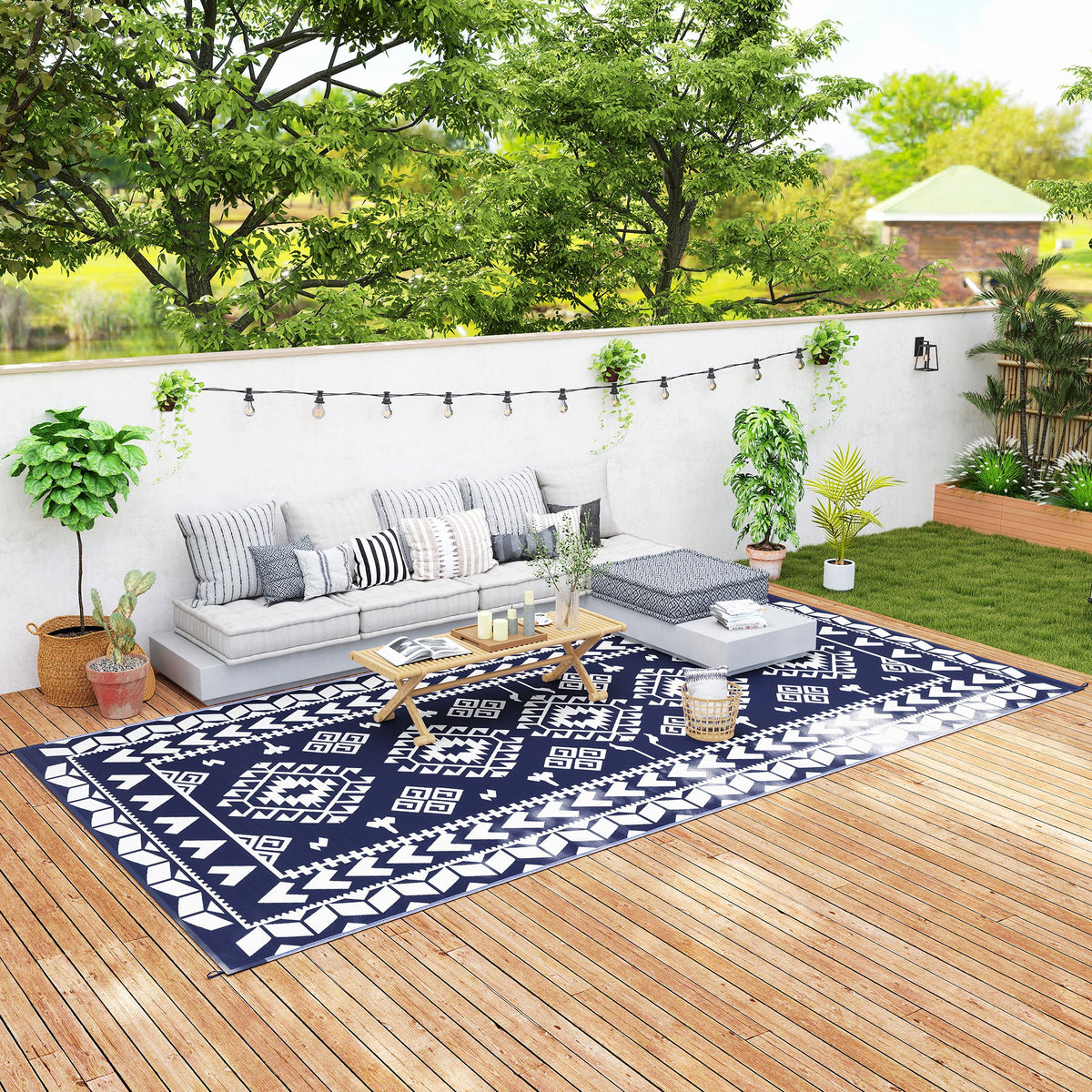 Reversible Outdoor Rug, Waterproof Plastic Straw with Carry Bag, 9' x 18', Blue & White Rhombus Patchwork