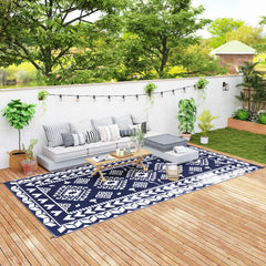 Reversible Outdoor Rug, Waterproof Plastic Straw with Carry Bag, 9' x 18', Blue & White Rhombus Patchwork