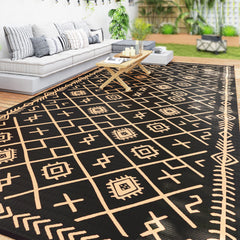 Reversible Outdoor Rug, Waterproof Plastic Straw with Carry Bag, 9' x 18', Black & Brown Rhombus