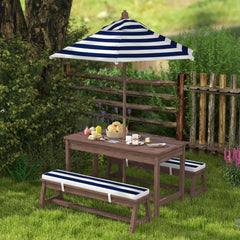 Outdoor Wooden Kids Picnic Table & Bench Set with Cushions and Umbrella, for Patio, Garden, Navy Blue