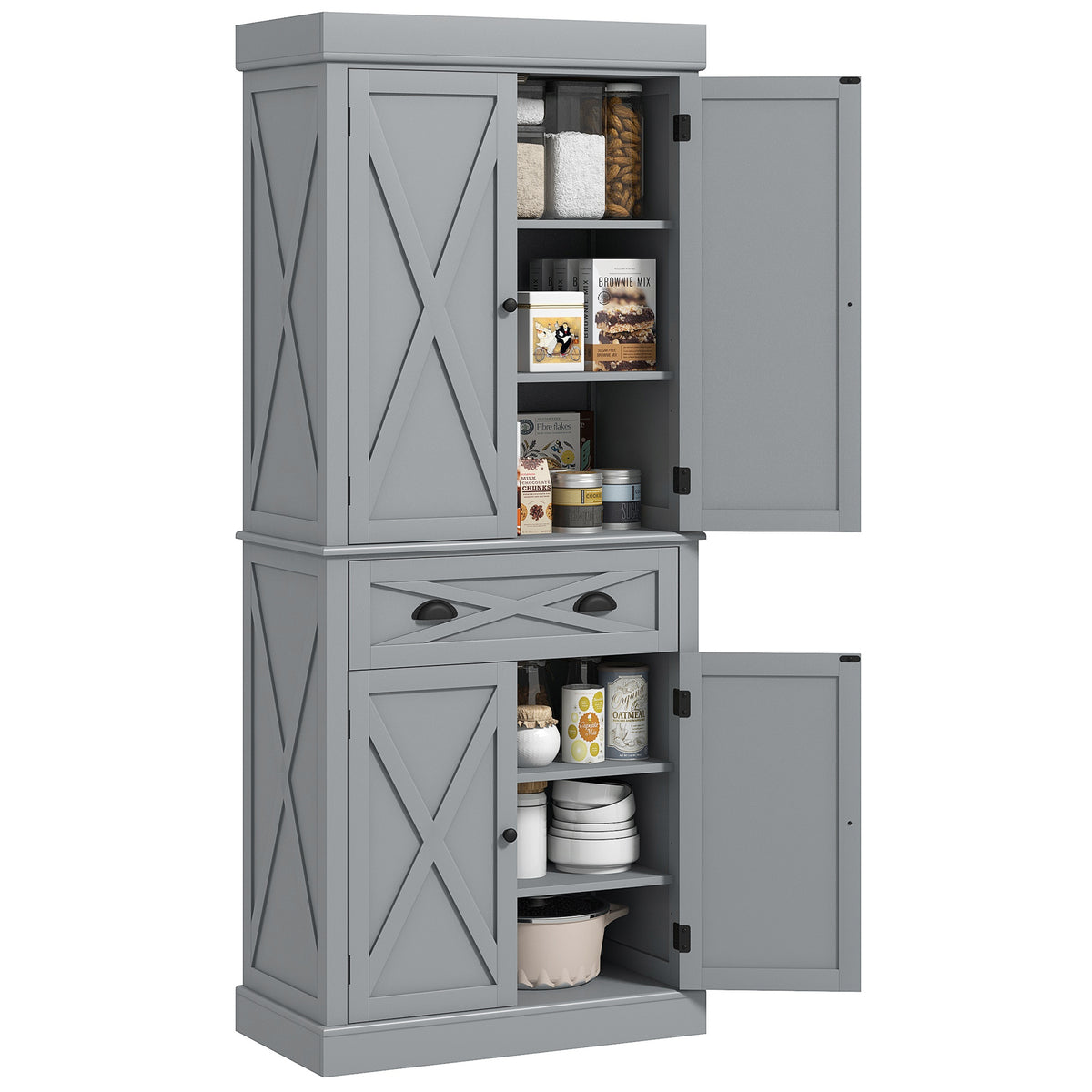 72" Kitchen Cabinet, Pantry Storage Cabinet with 4 Doors and 2 Adjustable Shelves, Large Central Drawer, Gray