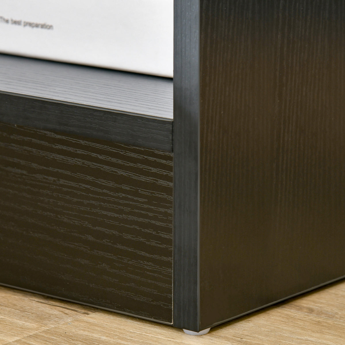 Modern Side Table with Drawer and Storage Shelf, End Table for Living Room, Black Wood Grain