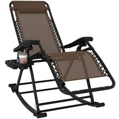 Outdoor Rocking Chairs, Foldable Reclining Zero Gravity Lounge Rocker with Pillow, Cup & Phone Holder, Combo Design with Folding Legs, Brown