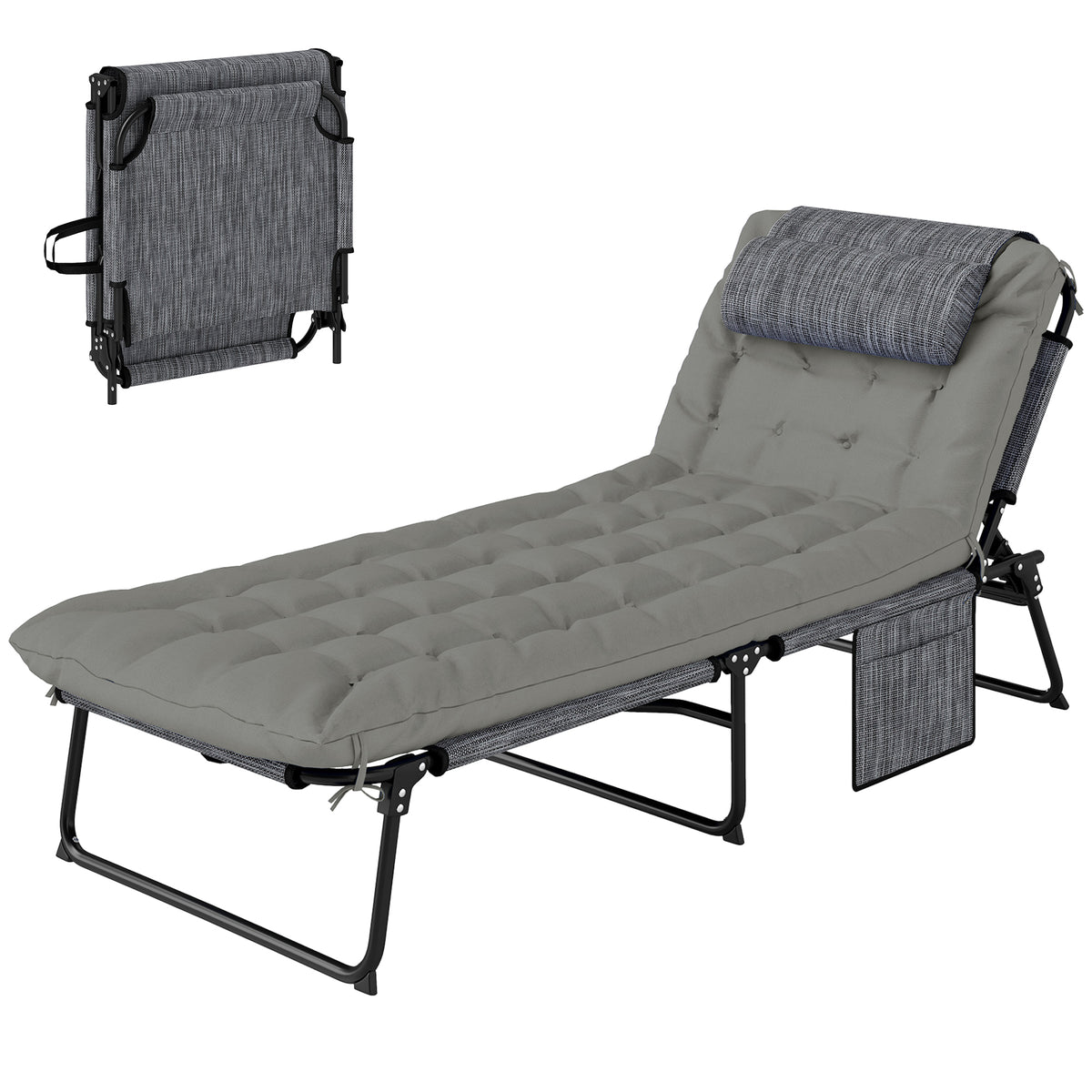 Folding Chaise Lounge Pool Chair with 4-level Reclining Back, Cushion, Side Pocket, Headrest, Gray