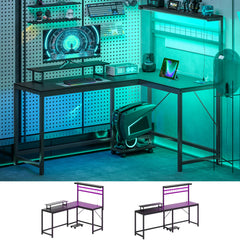 61.6" L Shaped Gaming Desk with Power Outlets & LED Lights, Computer Desk with Monitor Stand and CPU Shelf, Black