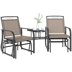 Outdoor Glider Chairs with Coffee Table, Patio 2-Seat Rocking Chair Swing with Breathable Sling for Backyard, Garden and Porch, Brown
