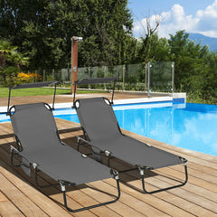 Pool Chaise Lounge Chairs Set of 2, Folding Lounge Chairs with Sunshade, Reclining Back, Steel Frame, Dark Gray
