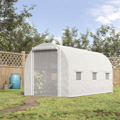 14.6' x 6.6' x 6.6' Walk-In Tunnel Greenhouse, Large Garden Hot House Kit with 6 Roll-up Windows & Roll Up Door, Steel Frame, White