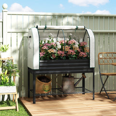 Galvanised Raised Garden Bed with Greenhouse Cover, Metal Elevated Garden Bed with Bed Liner, Bottom Shelf, Black