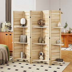 5 Panel 67" Tall Wood Privacy Screen Room Divider with 3 Shelves and Folding Storage for Bedroom, Natural Wood
