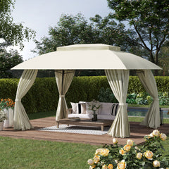 10' x 13' Outdoor Gazebo Patio Gazebo Canopy, Double Vented Roof, Steel Frame, Curtain Sidewalls, Sun Shade Shelter for Garden, Lawn, Backyard, Deck, Beige