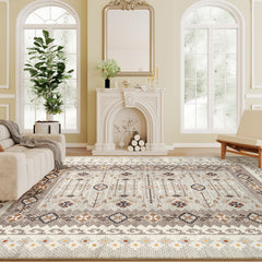 Machine Washable Area Rug 4x6, Non-Slip Boho Flannel Print Floor Carpet for Living Room, Bedroom, Dining Room, Brown