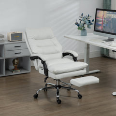 Microfibre Executive Massage Office Chair, Computer Desk Chair, Reclining Chair with Footrest, Double-tier Padding, Swivel Wheels, Cream White