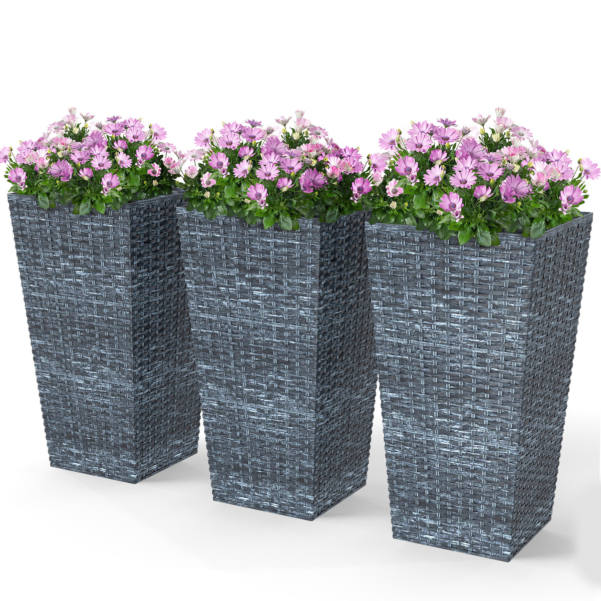 Tall Planters for Outdoor Plants Set of 3, 24 In Taper Planters with Drainage Holes, Rattan Decor Plant Pots for Indoor Outdoor Front Porch Patio Backyard, Gray