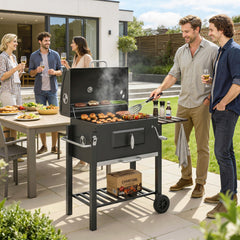 Charcoal BBQ Grill and Smoker Combo Outdoor Portable Trolley Camping Picnic Backyard with Side Shelf, Black