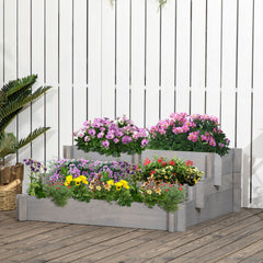 3 Tier Raised Garden Bed, Water Draining Fabric for Soil, Elevated Wood Flower Box for Vegetables, Herbs, Gray