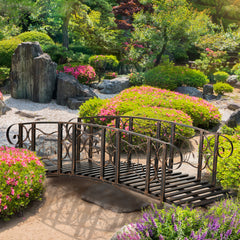6' Metal Arch Backyard Garden Bridge with 660 lbs. Weight Capacity, Safety Siderails, Vine Motifs, Easy Assembly for Backyard Creek, Stream, Pond, Brown