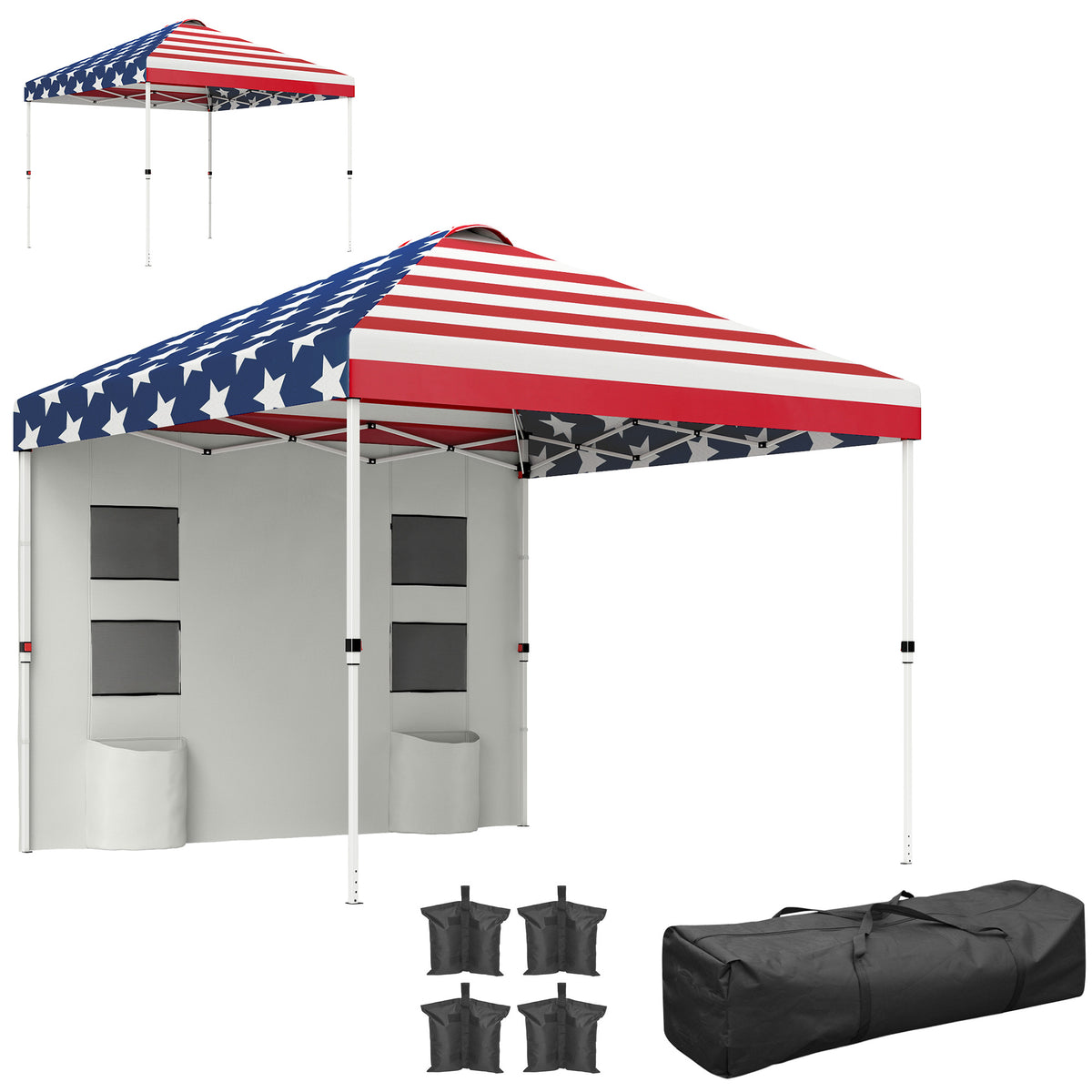 10' x 10' Pop Up Canopy Tent w/ Sidewall, Height Adjustable Instant Sun Shelter w/ Storage Pockets, American Flag Print