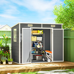 8' x 4' Plastic Outdoor Storage Shed with Floor, Window, Lockable Doors and Vents for Backyard Patio Lawn, Gray