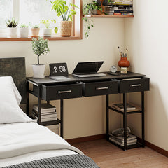 47" Small Computer Desk, Writing Desk with Fabric Drawers, Home Office Desk with Adjustable Shelves, Black