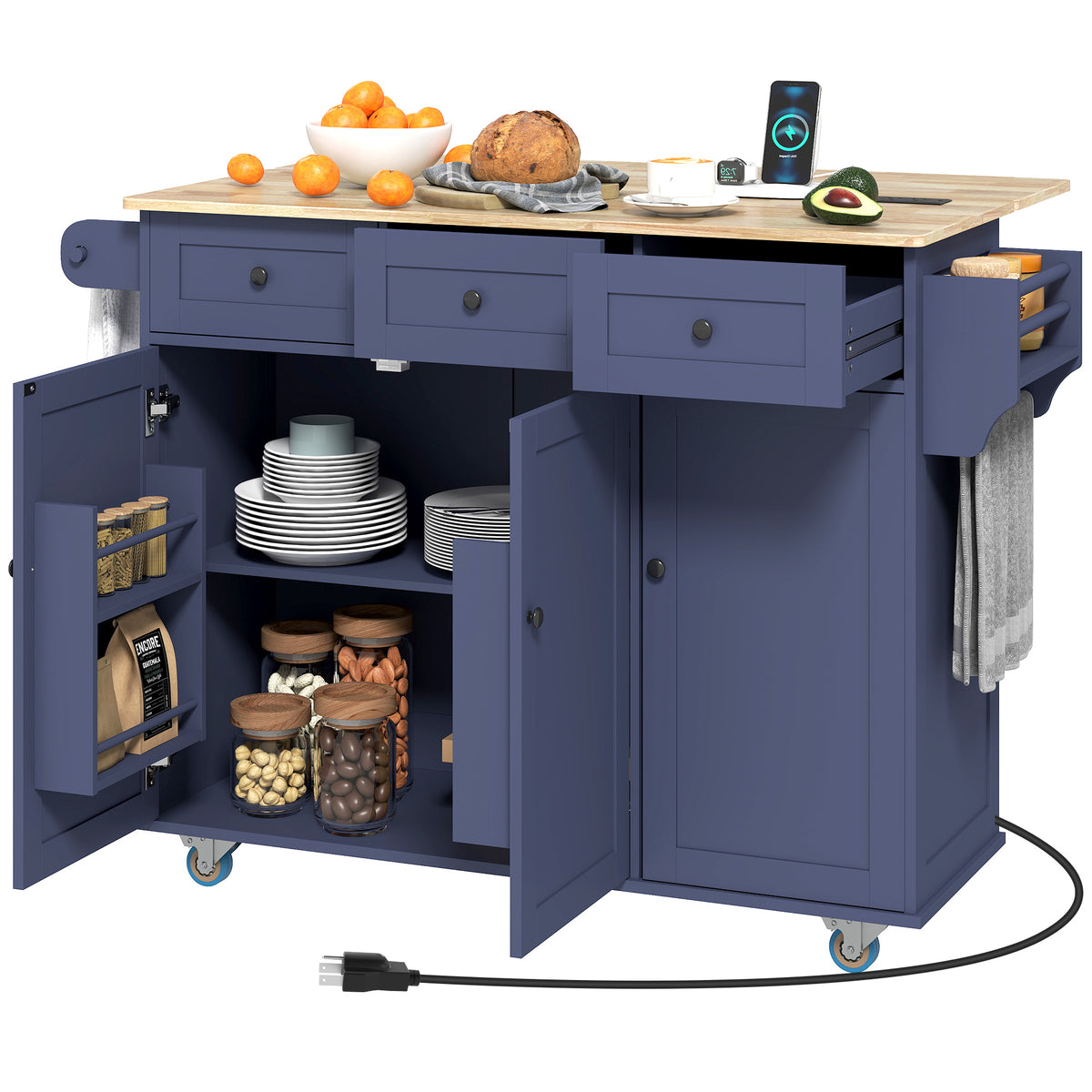 Kitchen Island on Wheels with Drop Leaf, Charging Station, Rolling Kitchen Cart with Wood Top, Adjustable Shelf, Blue