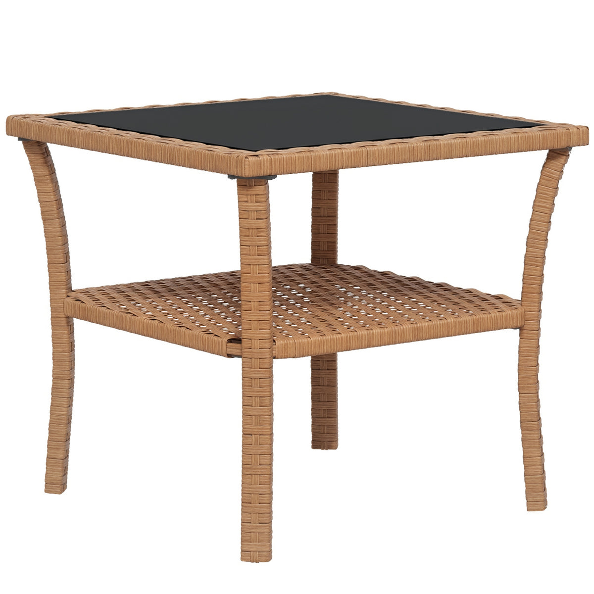 Rattan Side Table, Outdoor End Table with Storage Shelf, Aluminum Frame Square, Coffee Table with Tempered Glass Top, Sand